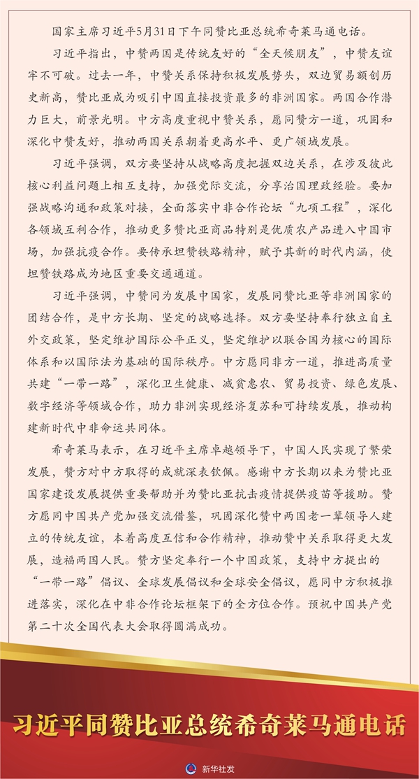 習(xí)近平同贊比亞總統(tǒng)希奇萊馬通電話