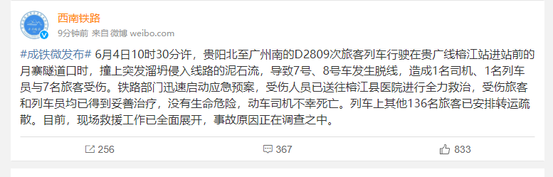 D2809次旅客列車在貴廣線榕江站撞上泥石流脫線