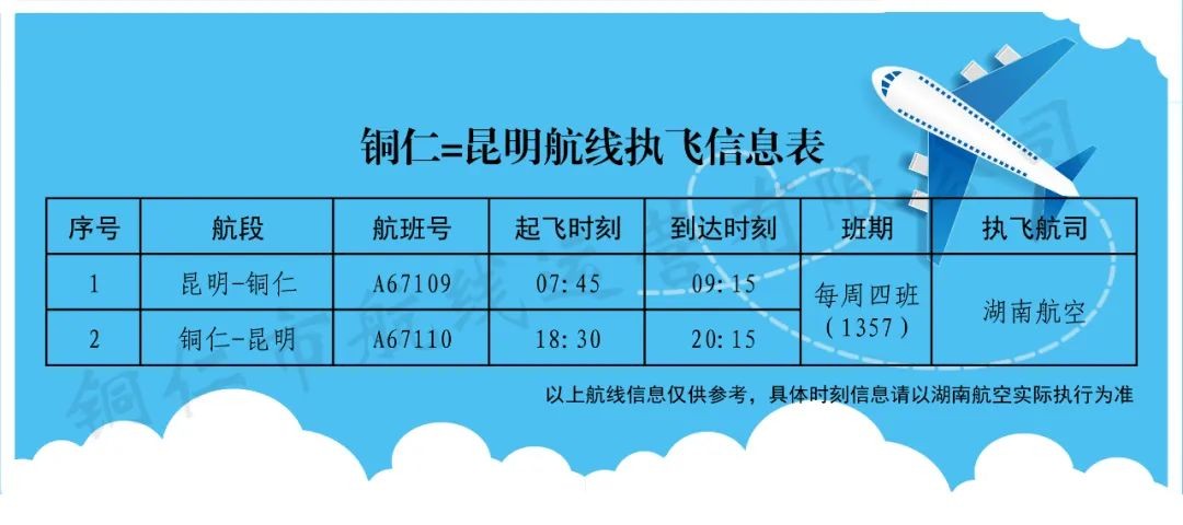銅仁=昆明航線將于10月27日復航