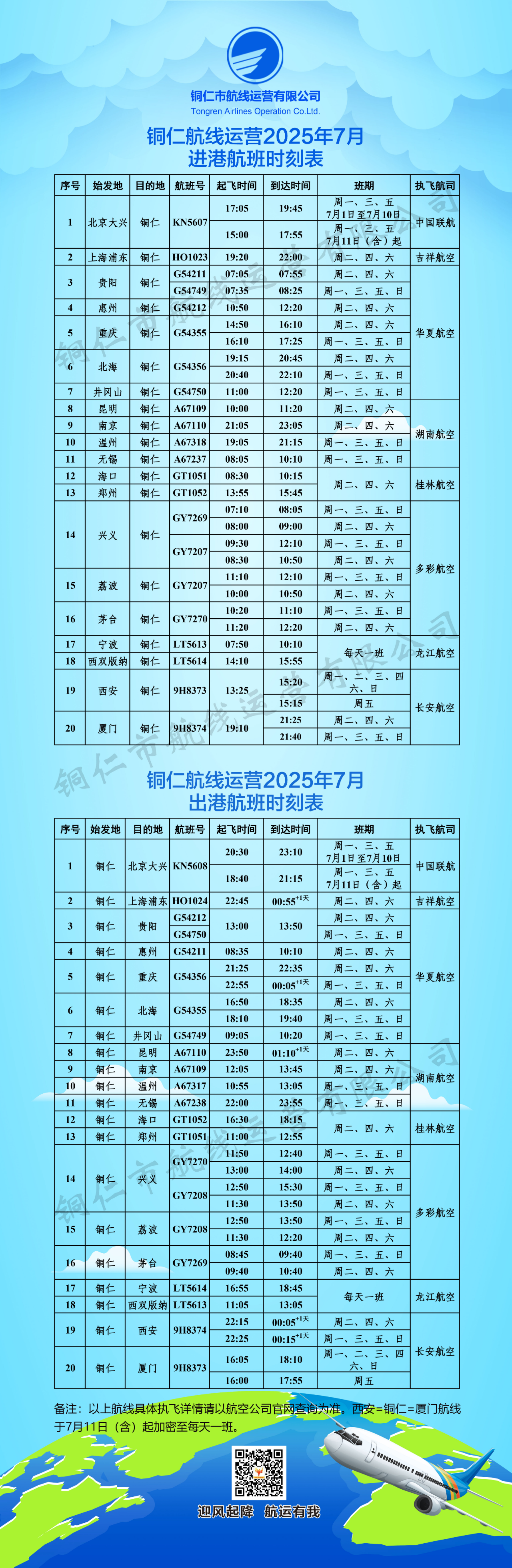 部分航線時刻調(diào)整，銅仁2025年7月航班計(jì)劃來了